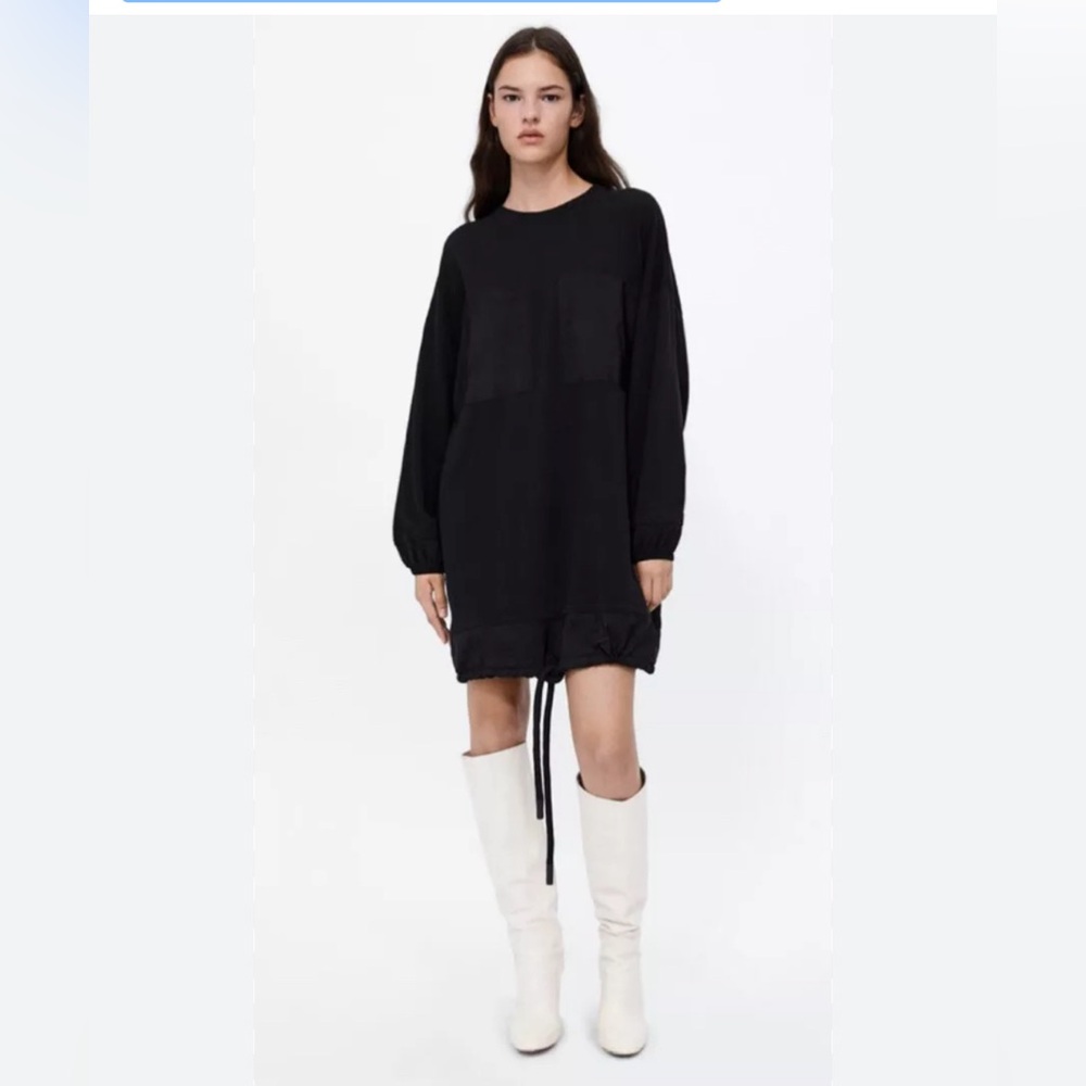 Zara black oversized pullover sweatshirt dress with pockets and tie string hem